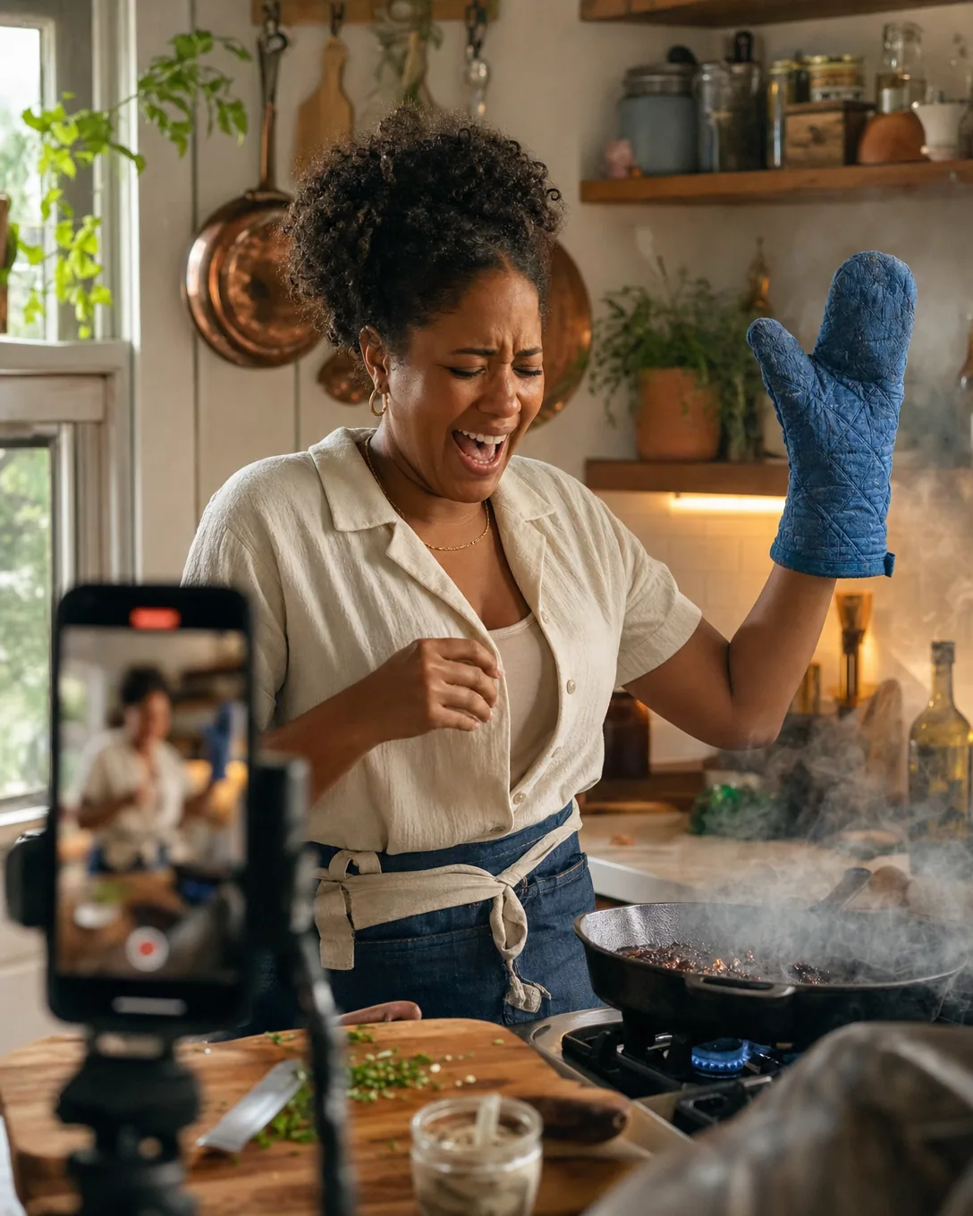 A food creator reacting to an over-caramelized skillet while recording a cooking reel