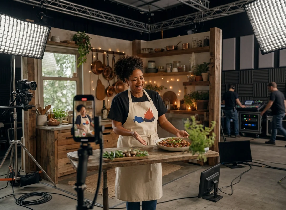 Creator cooking in her Caramelized apron while filming a reel
