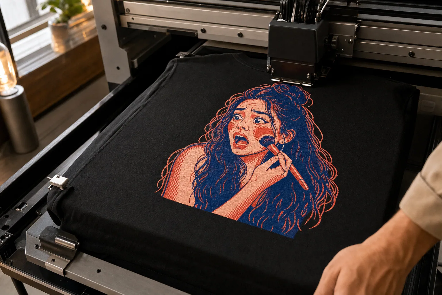 A single black tee in a direct-to-garment printer, printed with the creator’s own illustrated artwork