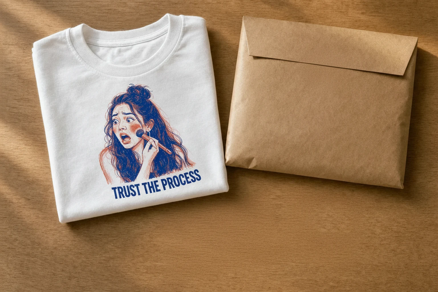 A creator’s order on a wooden table: the printed tee beside a plain kraft mailer, ready to ship