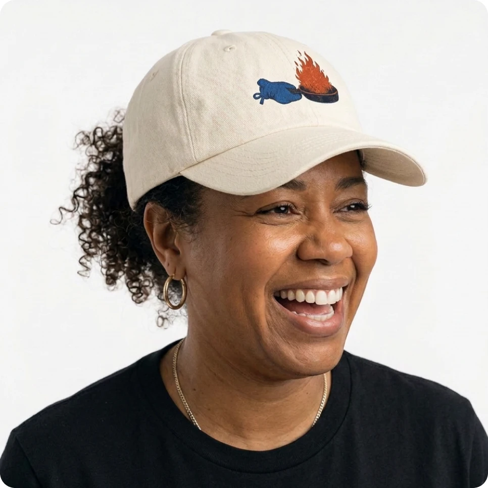 Creator wearing the ecru Caramelized cap